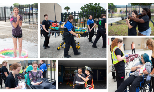Students participate in a mock disaster at Pinellas Park High School